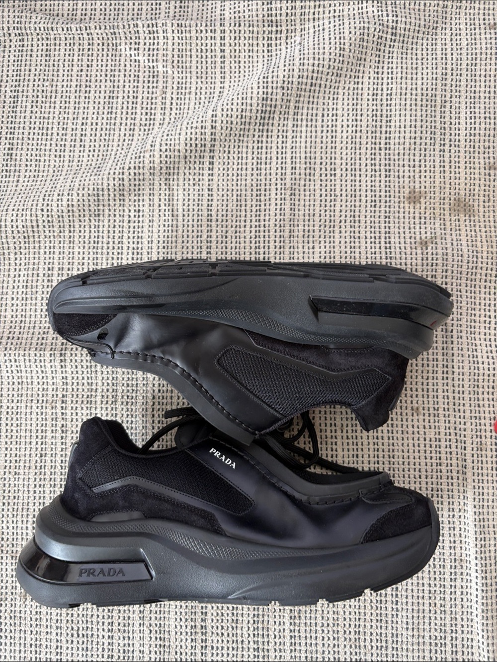 PRADA Men's Systeme Brushed Leather Sneaker Size 9 In Black - Picture 9 of 10